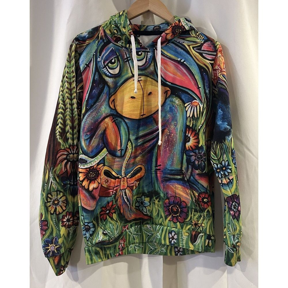 ELECTRO THREADS Meditating Eeyore Hoodie Mens Size S Multi‎ Color Grafitti Style